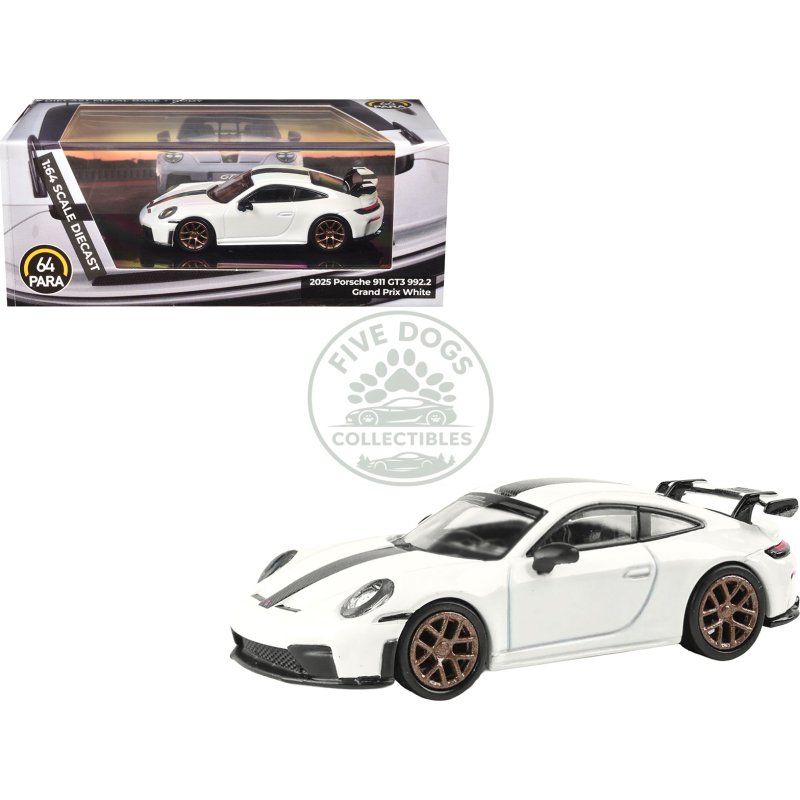 2025 porsche 911 gt3 (992.2) grand prix white with carbon stripe 1/64 diecast model car by paragon