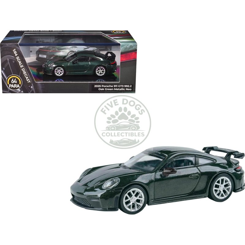 2025 porsche 911 gt3 (992.2) oak green metallic neo with carbon stripe 1/64 diecast model car by paragon