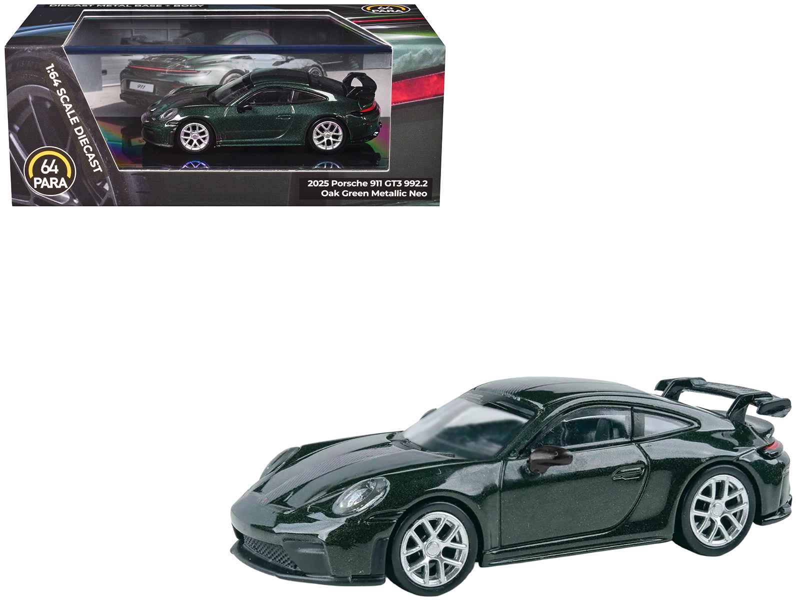 2025 porsche 911 gt3 (992.2) oak green metallic neo with carbon stripe 1/64 diecast model car by paragon 2025 porsche 911 gt3 (992.2) oak green metallic neo with carbon stripe 1/64 diecast model car by paragon