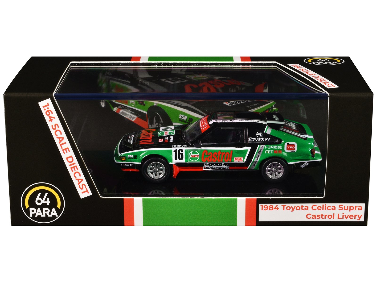 1984 toyota celica supra #16 "castrol livery" black and green with graphics 1/64 diecast model car by paragon models 1984 toyota celica supra #16 "castrol livery" black and green with graphics 1/64 diecast model car by paragon models