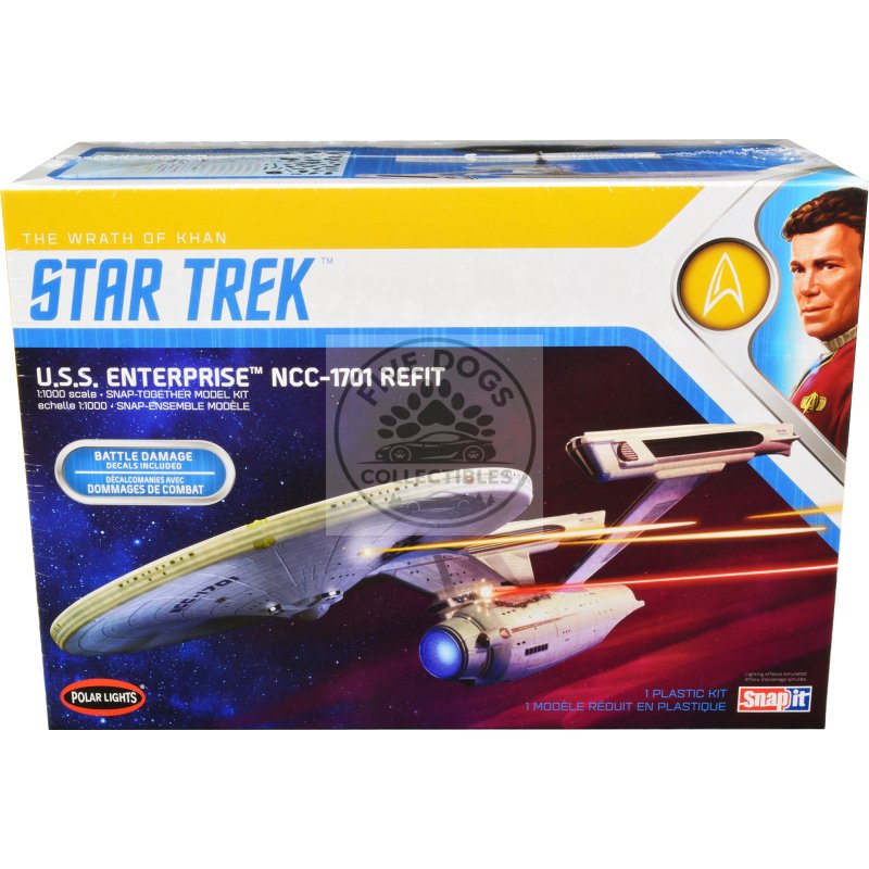 skill 2 snap model kit u.s.s. enterprise ncc 1701 refit spaceship "star trek ii: the wrath of khan" (1982) movie 1/1000 scale model by polar lights