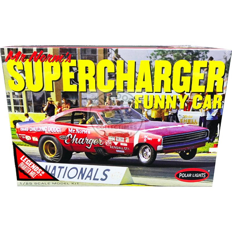 skill 2 model kit 1969 dodge charger funny car "mr. norm's supercharger" "legends of the quarter mile" 1/25 scale model by polar lights
