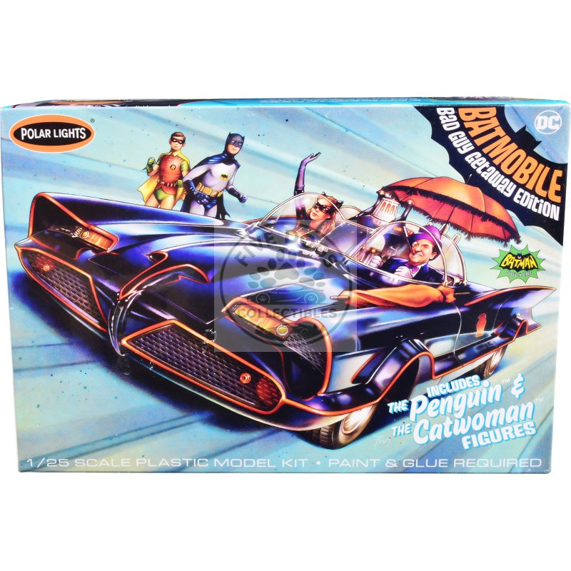 skill 2 model kit 1966 batmobile "bad guy getaway edition" with penguin and catwoman figures "batman" (1966 1968) tv series 1/25 scale model by polar lights