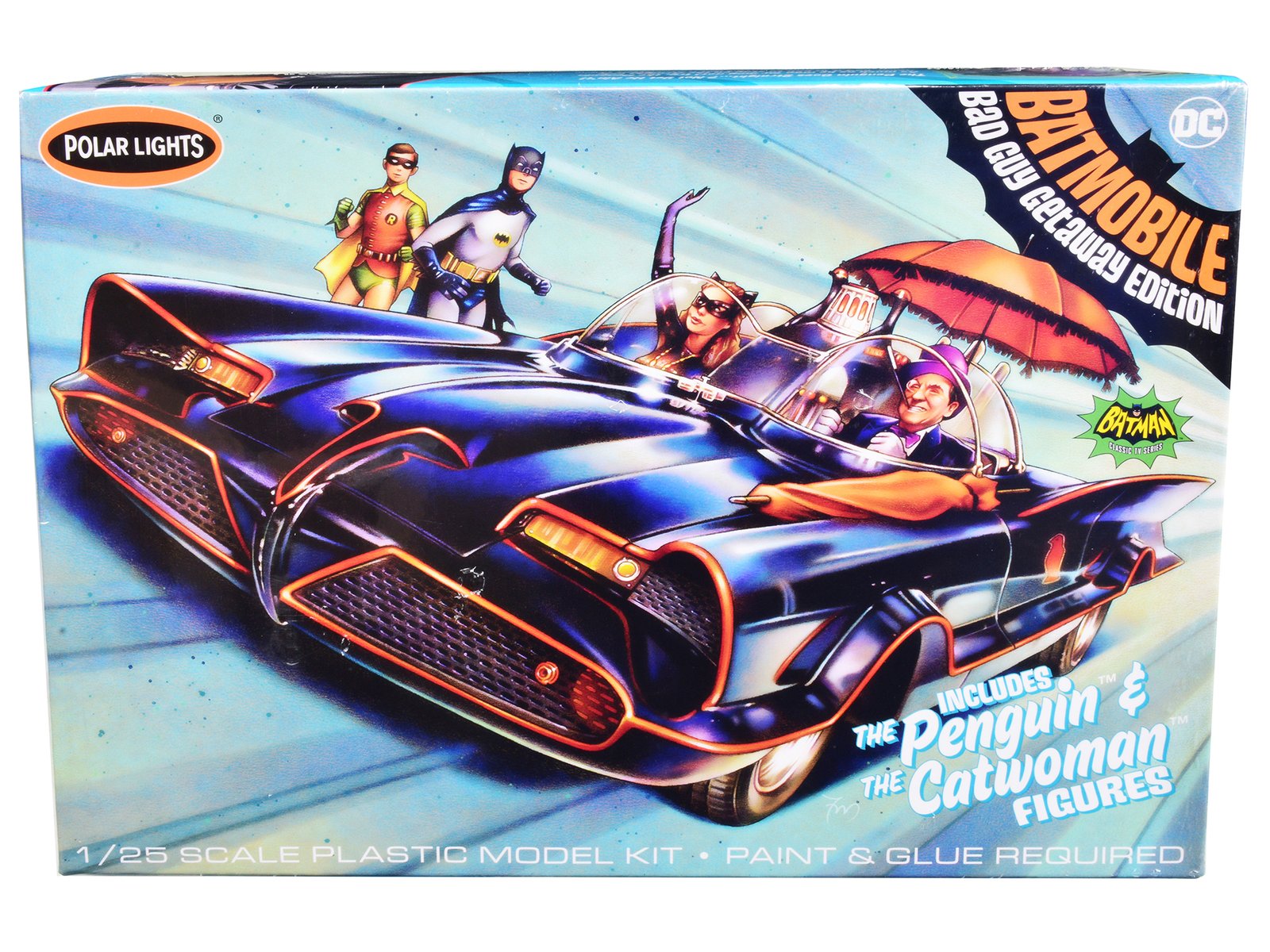 skill 2 model kit 1966 batmobile "bad guy getaway edition" with penguin and catwoman figures "batman" (1966 1968) tv series 1/25 scale model by polar lights skill 2 model kit 1966 batmobile "bad guy getaway edition" with penguin and catwoman figures "batman" (1966 1968) tv series 1/25 scale model by polar lights