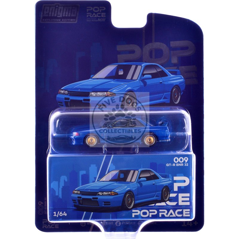 skyline gt r bnr32 rhd (right hand drive) blue metallic "enigma exclusive edition" 1/64 diecast model car by pop race