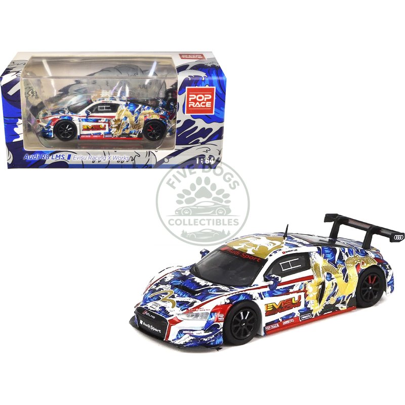 audi r8 lms "evisu racing x works" white with graphics 1/64 diecast model car by pop race