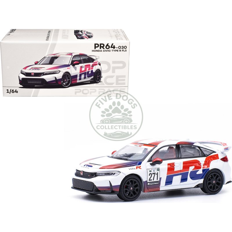 honda civic type r fl5 "hrc honda racing" white with graphics 1/64 diecast model car by pop race