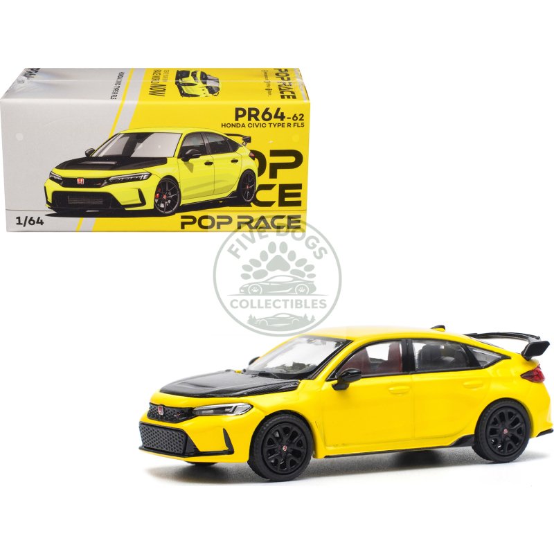 honda civic type r fl5 yellow with carbon hood 1/64 diecast model car by pop race