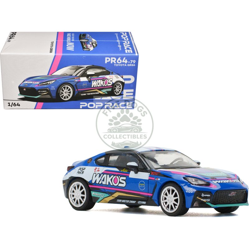 toyota gr86 "wako's" blue with graphics 1/64 diecast model car by pop race