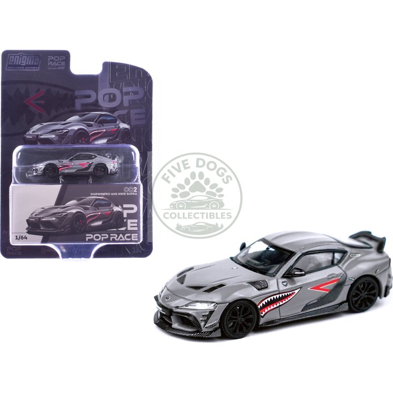 toyota supra "darwinpro 66g nwb" gray metallic with shark mouth graphics 1/64 diecast model car by pop race