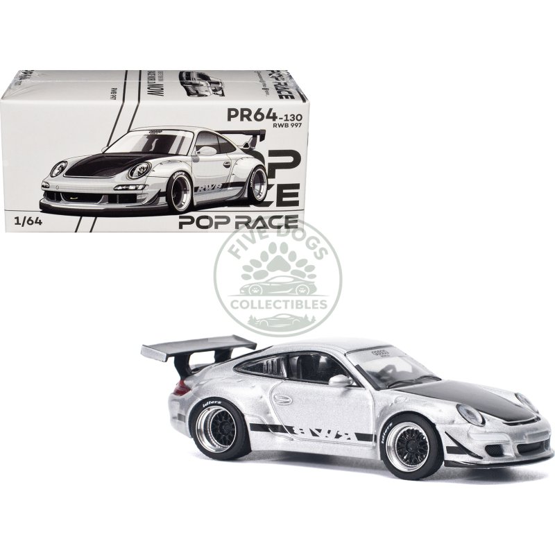 rwb 997 silver metallic with black stripes and hood 1/64 diecast model car by pop race