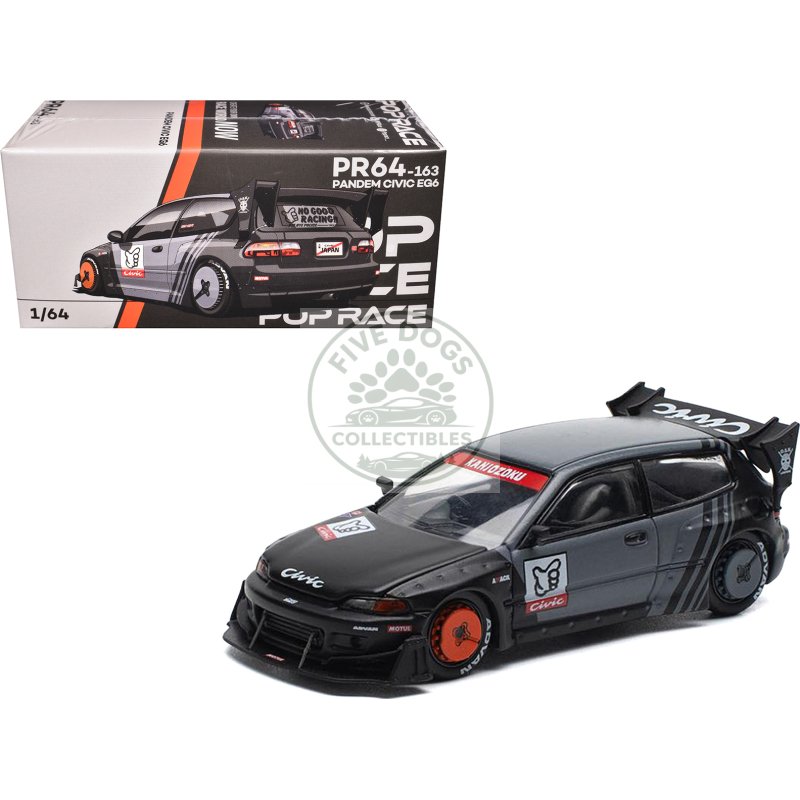 pandem civic eg6 rhd (right hand drive) "kanjozoku" matt black and gray with graphics 1/64 diecast model car by pop race