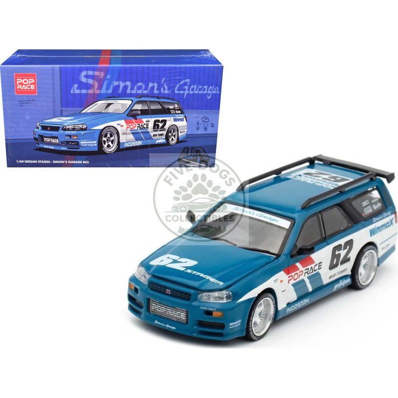 nissan stagea rhd (right hand drive) #62 "simon's garage" blue with white sides 1/64 diecast model car by pop race