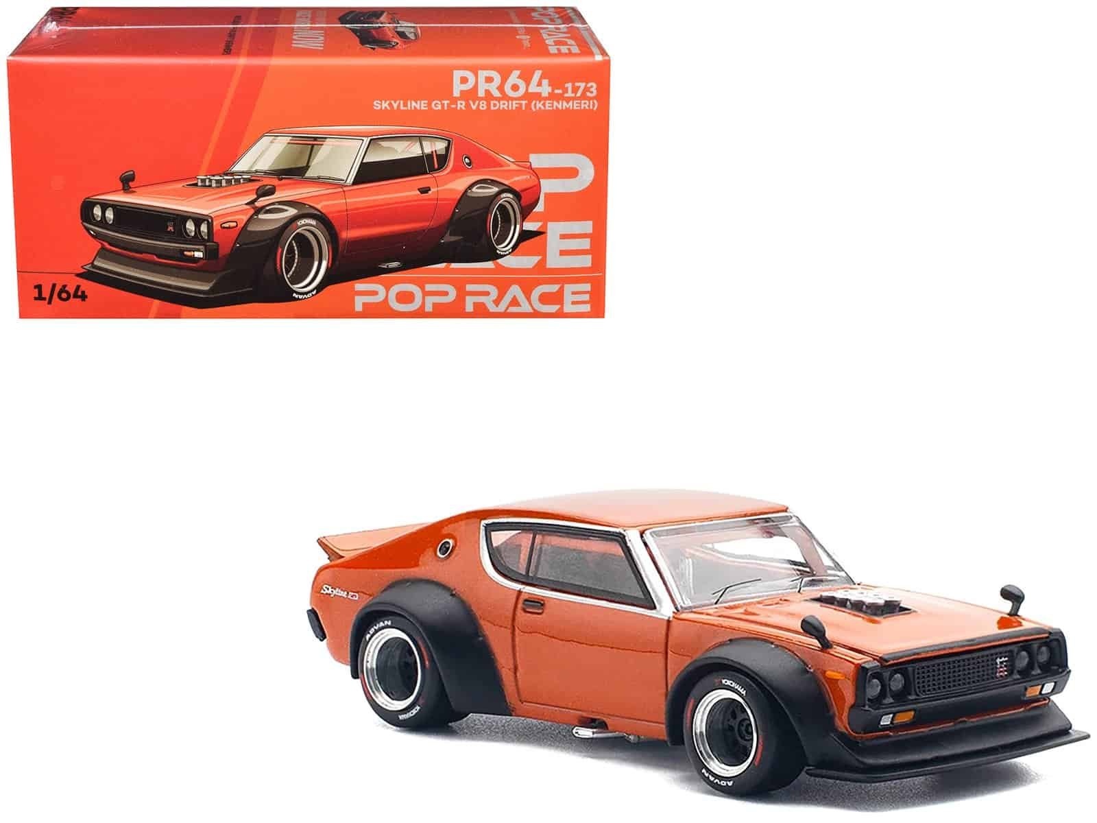 Skyline GT-R R32 Drift Model Car Detailed scale model of a Skyline GT-R R32 drift car in orange and black.