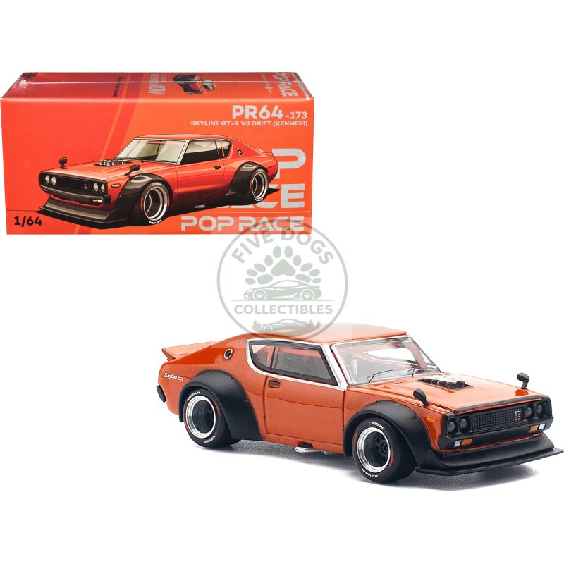 skyline gt r v8 drift "kenmeri" rhd (right hand drive) orange metallic 1/64 diecast model car by pop race