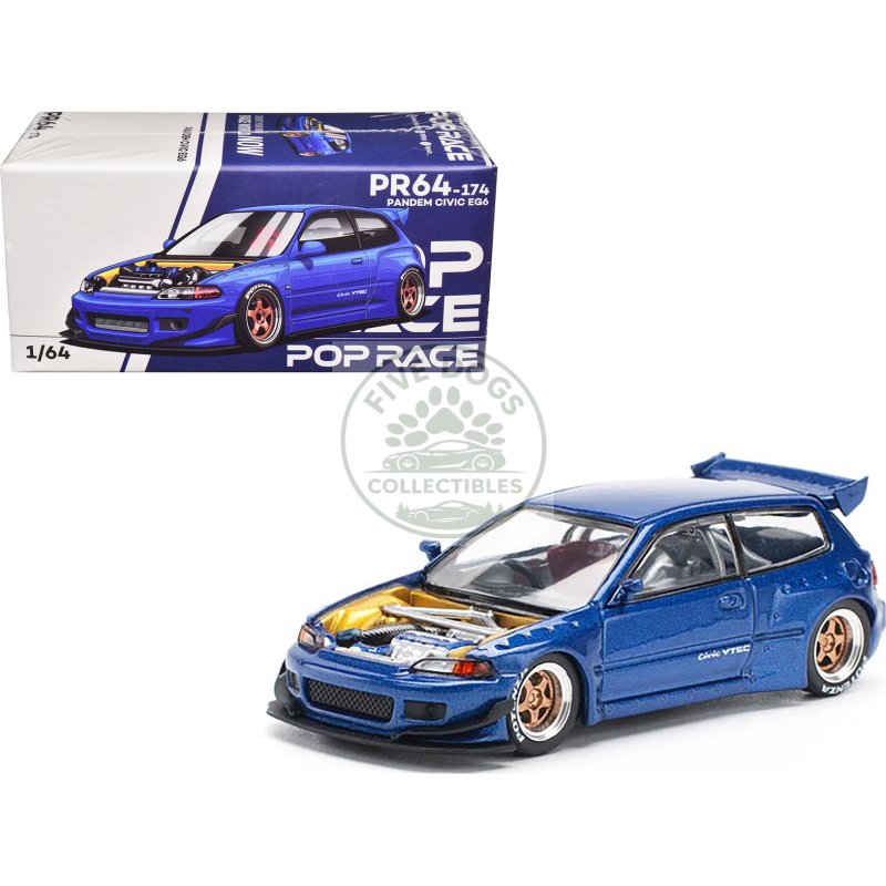 pandem civic eg6 vtec rhd (right hand drive) blue metallic with no hood 1/64 diecast model car by pop race