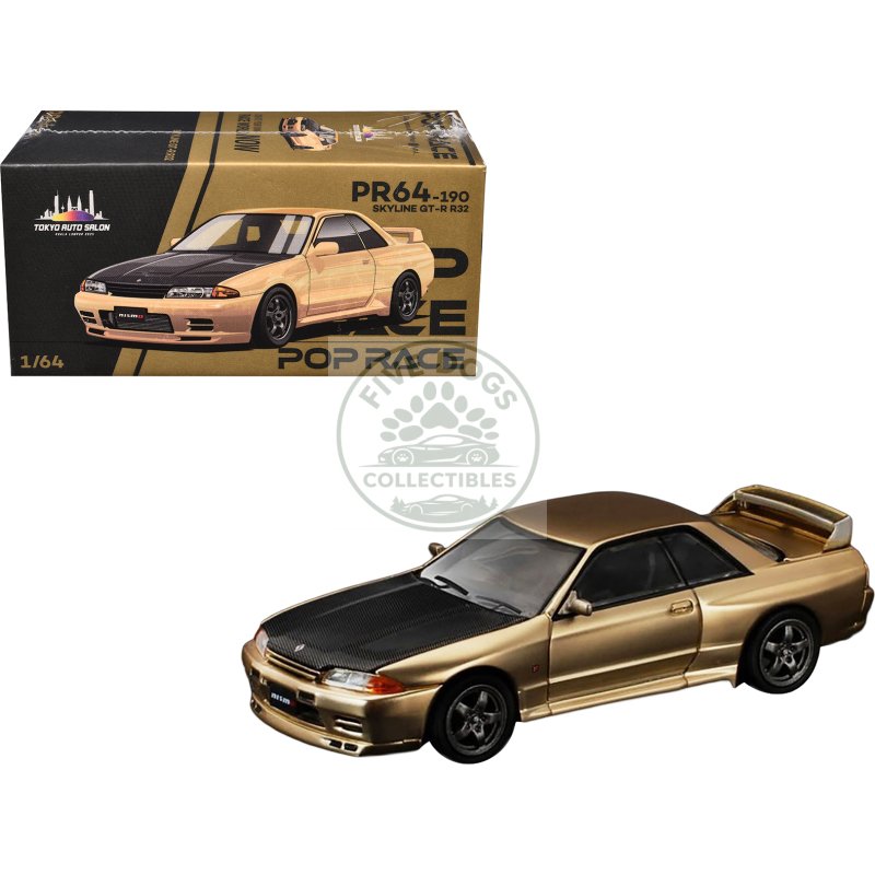 skyline gt r r32 rhd (right hand drive) chrome gold with carbon hood "tokyo auto salon 2025" 1/64 diecast model car by pop race