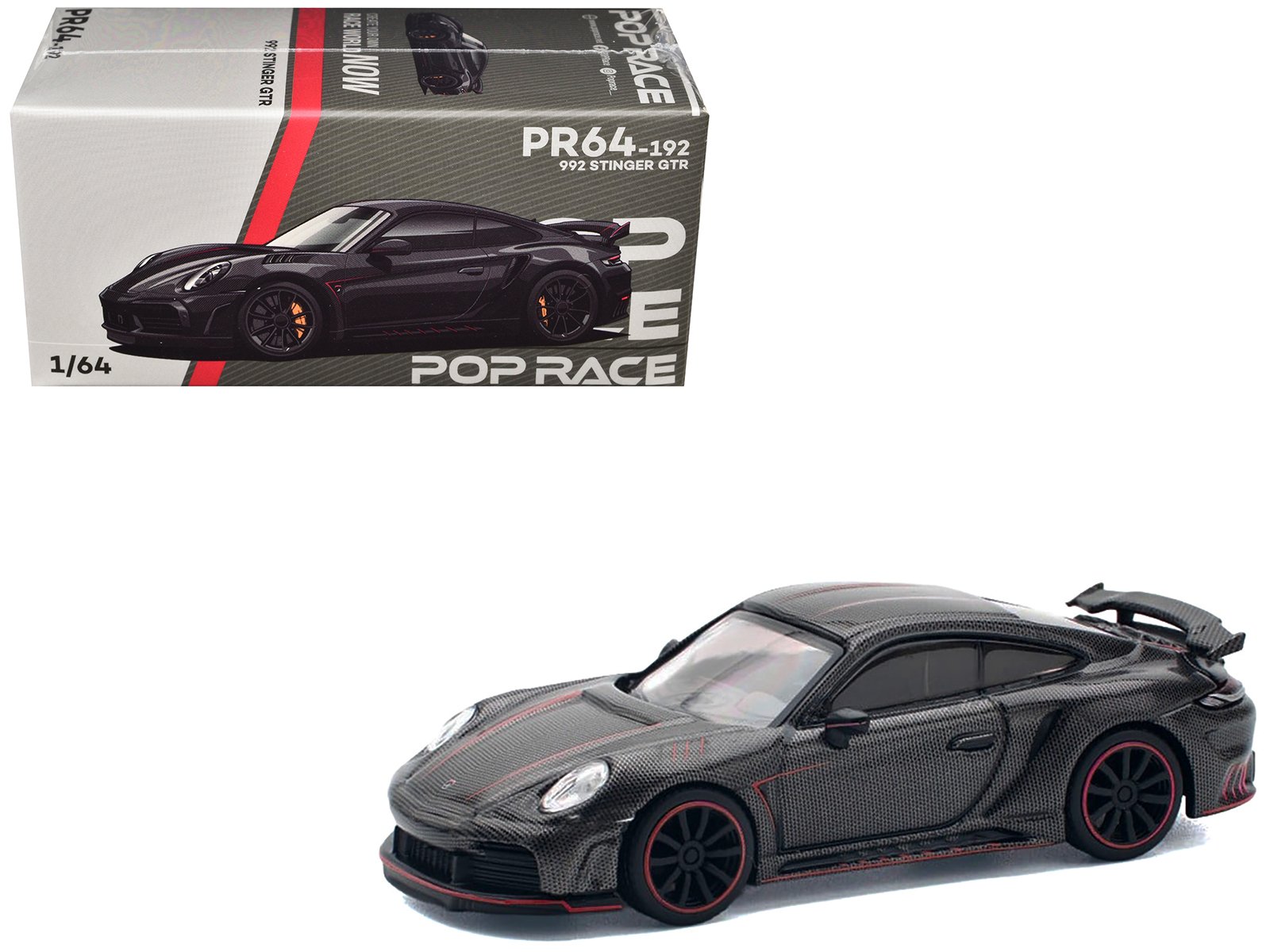 992 stinger gtr carbon edition with red accents 1/64 diecast model car by pop race 992 stinger gtr carbon edition with red accents 1/64 diecast model car by pop race