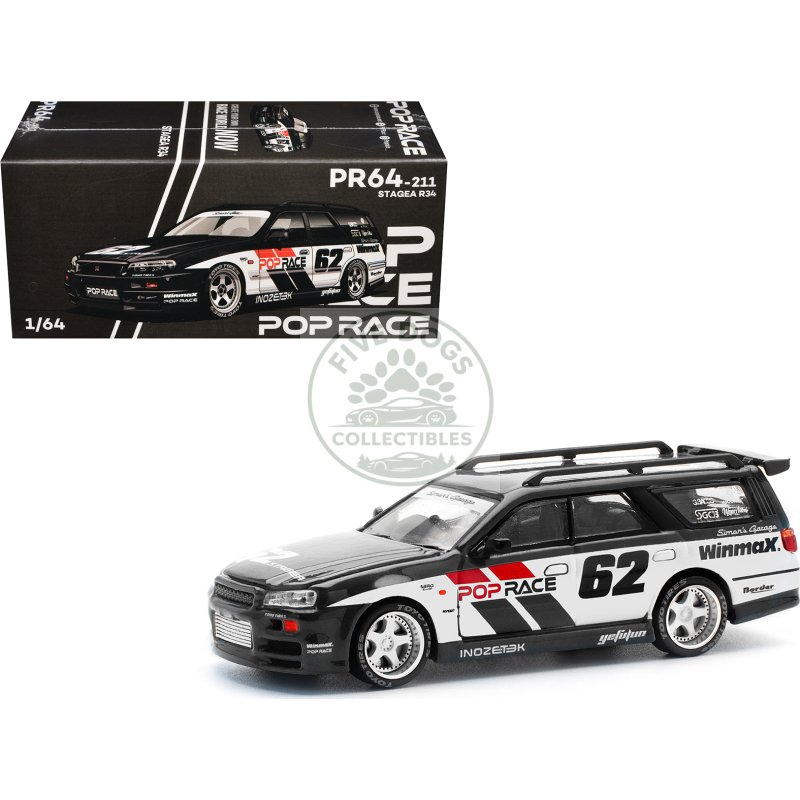 gt r stagea rhd (right hand drive) #62 "simon's garage" black with white sides 1/64 diecast model car by pop race