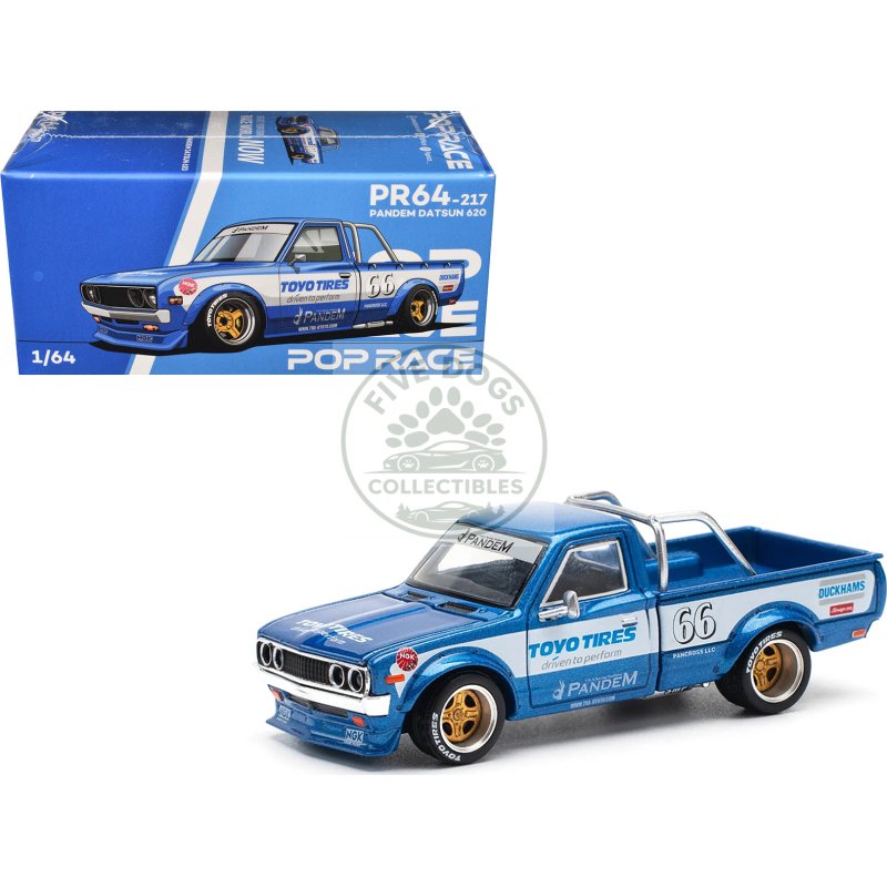datsun pandem 620 pickup truck #66 blue metallic with white stripes and graphics 1/64 diecast model car by pop race