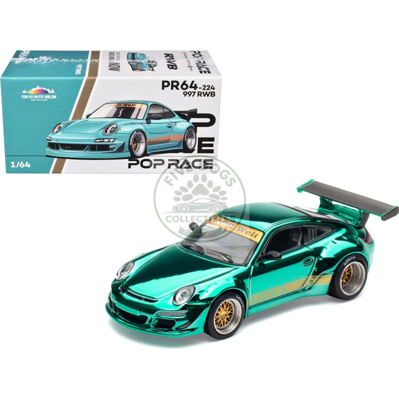 997 rwb spectraflame teal with gold stripes "tokyo auto salon hong kong 2025" 1/64 diecast model car by pop race