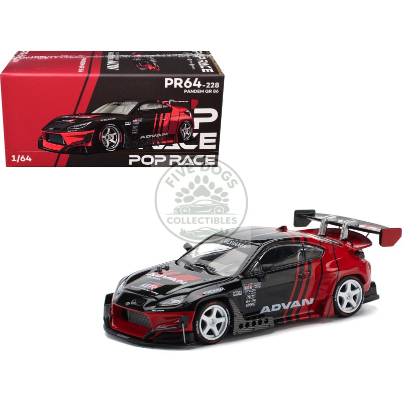 toyota pandem gr86 "advan" black and red with graphics 1/64 diecast model car by pop race