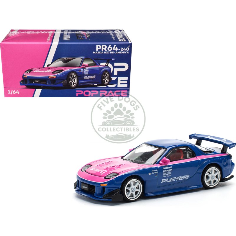 mazda rx 7 re amemiya widebody rhd (right hand drive) blue with pink hood and stripes 1/64 diecast model car by pop race