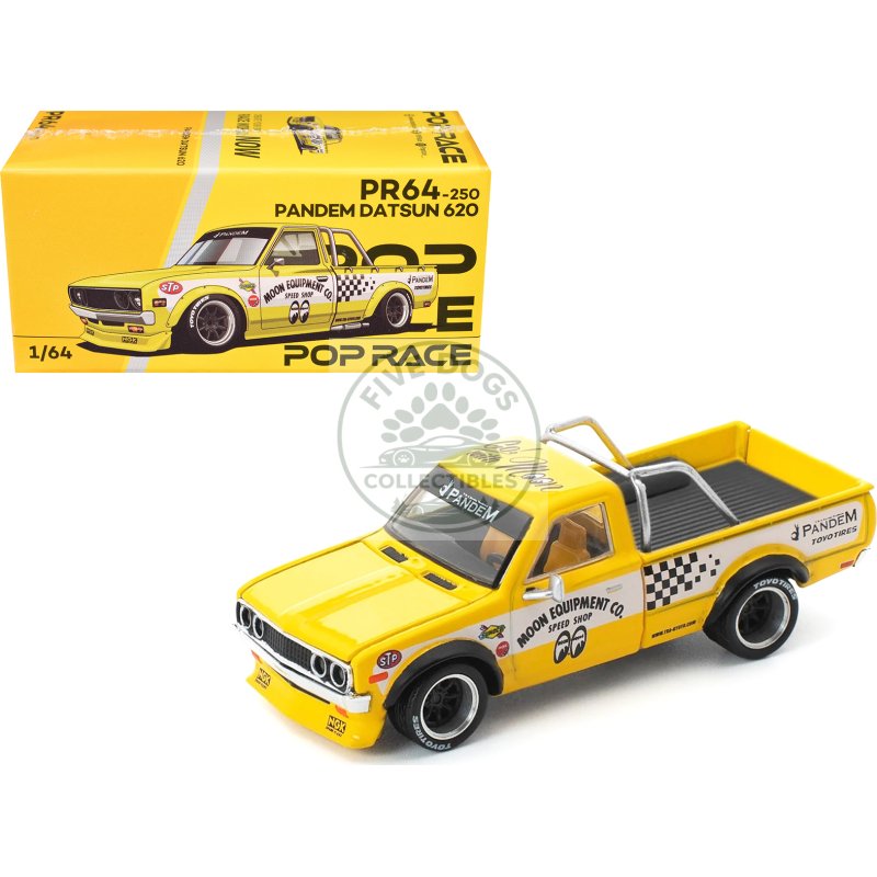datsun pandem 620 pickup truck "mooneyes" yellow with white sides and graphics 1/64 diecast model car by pop race