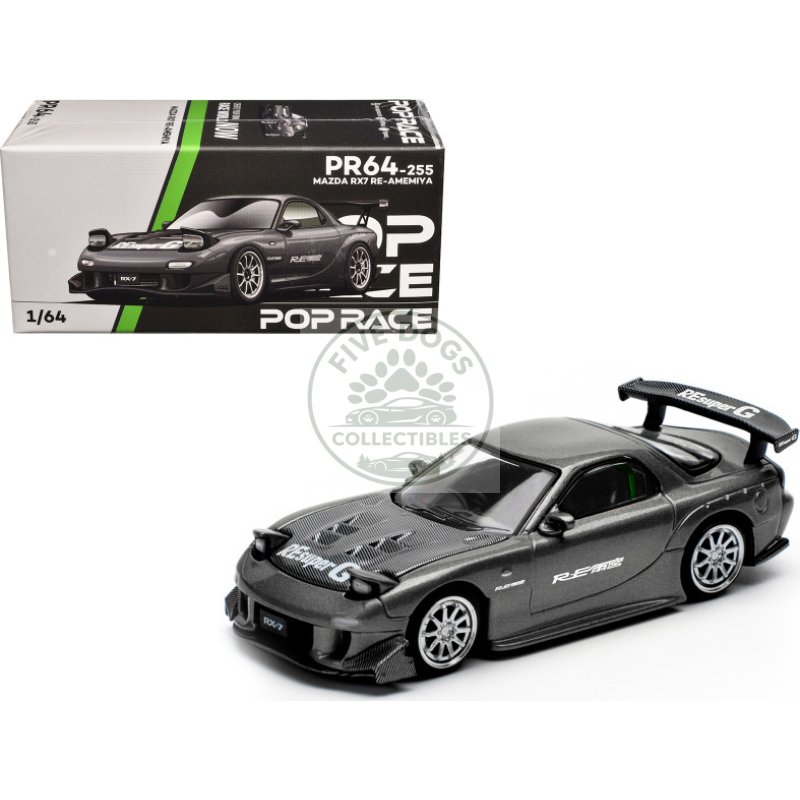 mazda rx7 (fd) "re amemiya" widebody rhd (right hand drive) gunmetal gray metallic with carbon hood 1/64 diecast model car by pop race