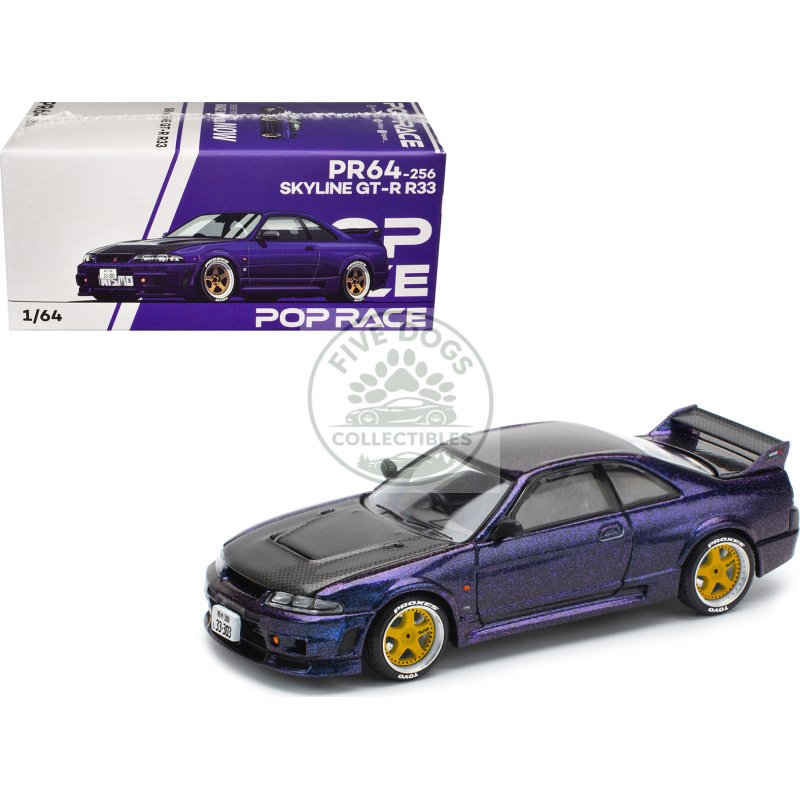 skyline gt r (r33) rhd (right hand drive) midnight purple metallic with carbon hood 1/64 diecast model car by pop race