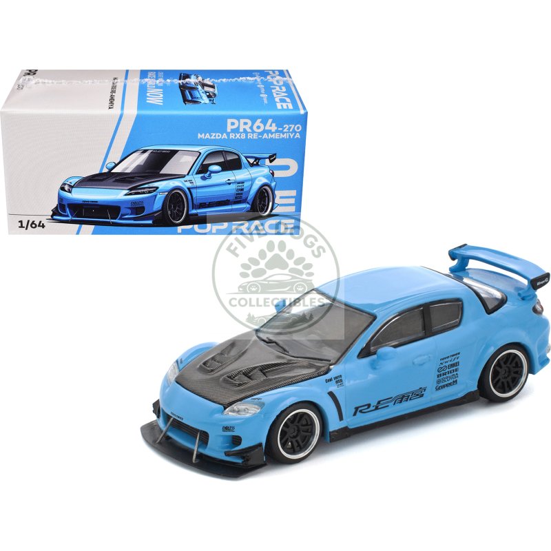 mazda rx8 re amemiya widebody rhd (right hand drive) light blue with carbon hood 1/64 diecast model car by pop race