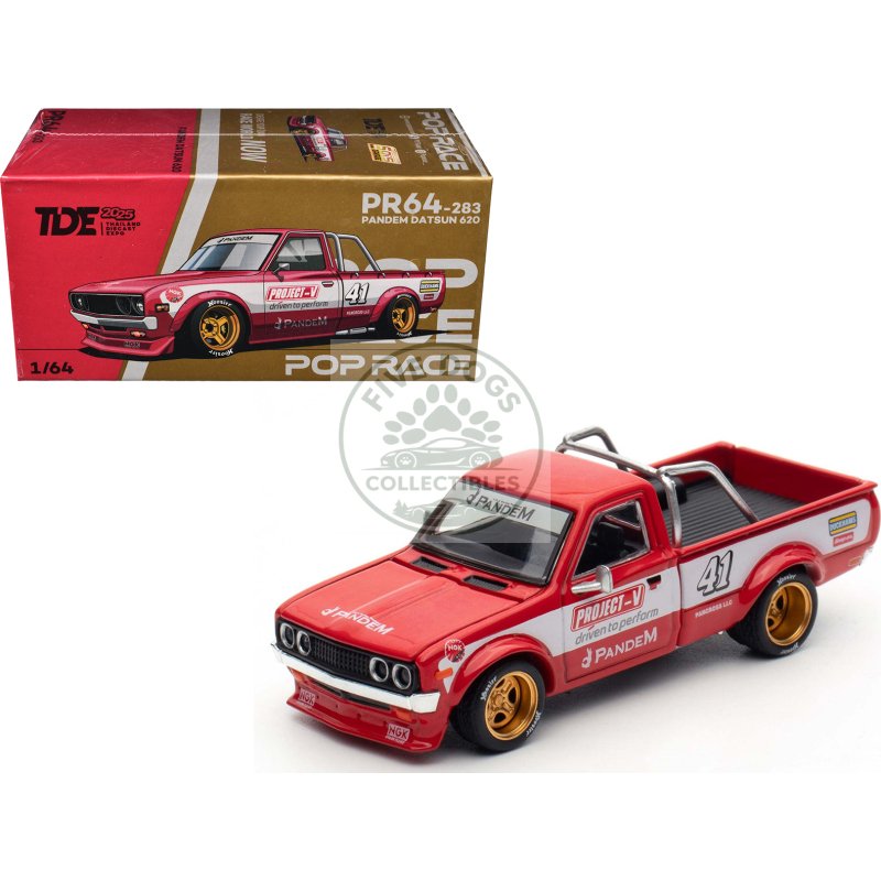 datsun pandem 620 pickup truck #41 red metallic with white stripes and graphics "2025 thailand diecast expo" 1/64 diecast model car by pop race