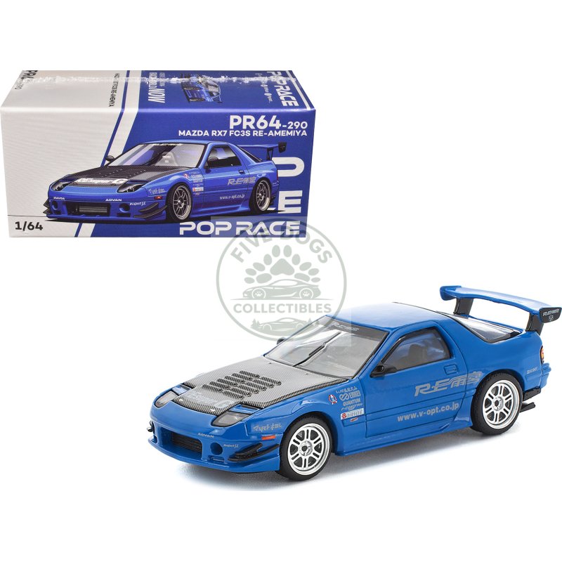 mazda rx7 (fc3s) re amemiya rhd (right hand drive) blue metallic with carbon hood 1/64 diecast model car by pop race