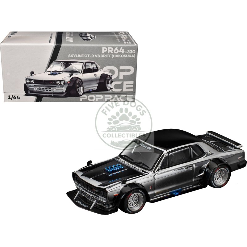 skyline gt r v8 drift "hakosuka" rhd (right hand drive) silver chrome with black hood and top 1/64 diecast model car by pop race