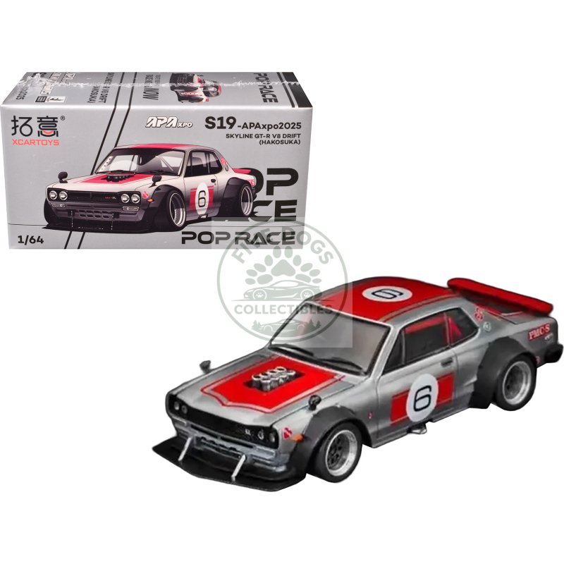 skyline gt r v8 drift "hakosuka" rhd (right hand drive) #6 silver metallic with red stripes "apa xpo 2025 exclusive" 1/64 diecast model car by pop race