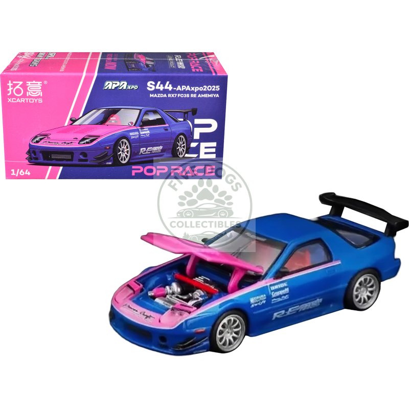 mazda rx7 (fc3s) re amemiya rhd (right hand drive) blue metallic with pink hood "apa xpo 2025 exclusive" 1/64 diecast model car by pop race