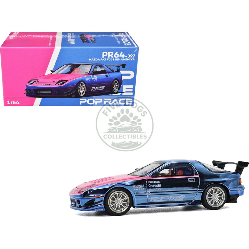 mazda rx7 (fc3s) re amemiya rhd (right hand drive) blue metallic with pink hood "los angeles edition" 1/64 diecast model car by pop race