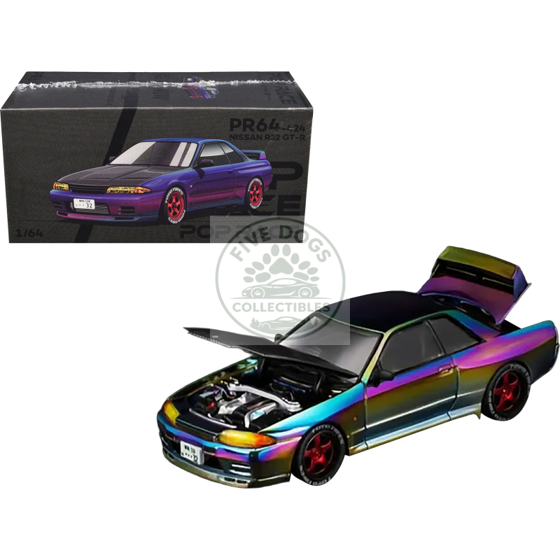 nissan skyline gt r (r32) rhd (right hand drive) chameleon chrome with carbon hood "vancouver edition" 1/64 diecast model car by pop race