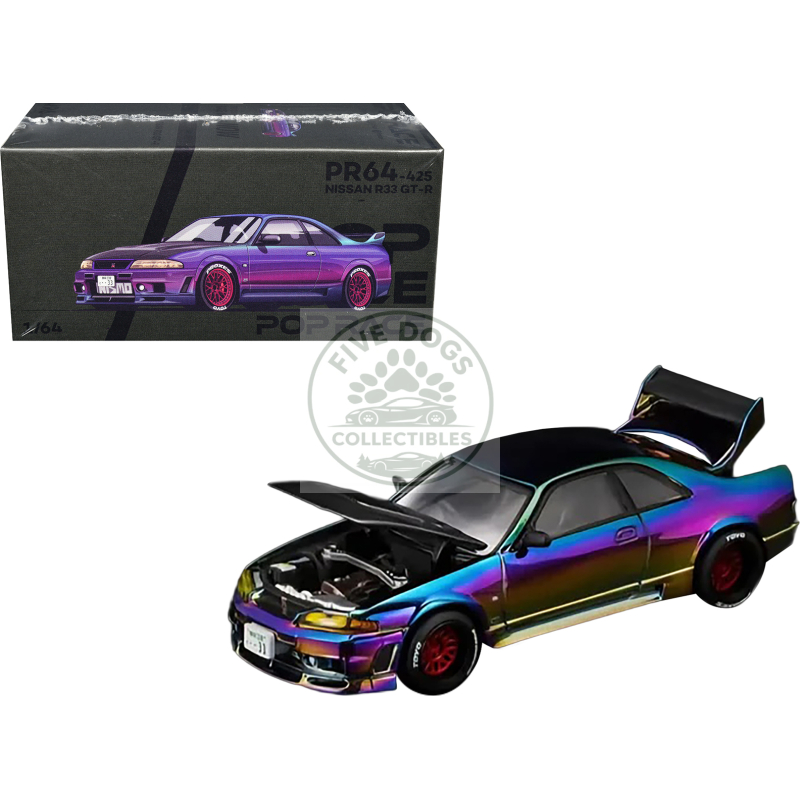 nissan skyline gt r (r33) rhd (right hand drive) chameleon chrome with carbon hood "vancouver edition" 1/64 diecast model car by pop race