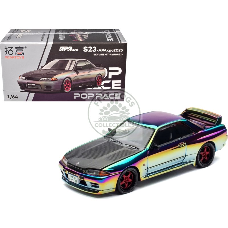 skyline gt r (bnr32) rhd (right hand drive) chameleon chrome with carbon hood "apa xpo 2025 exclusive 1/64 diecast model car by pop race