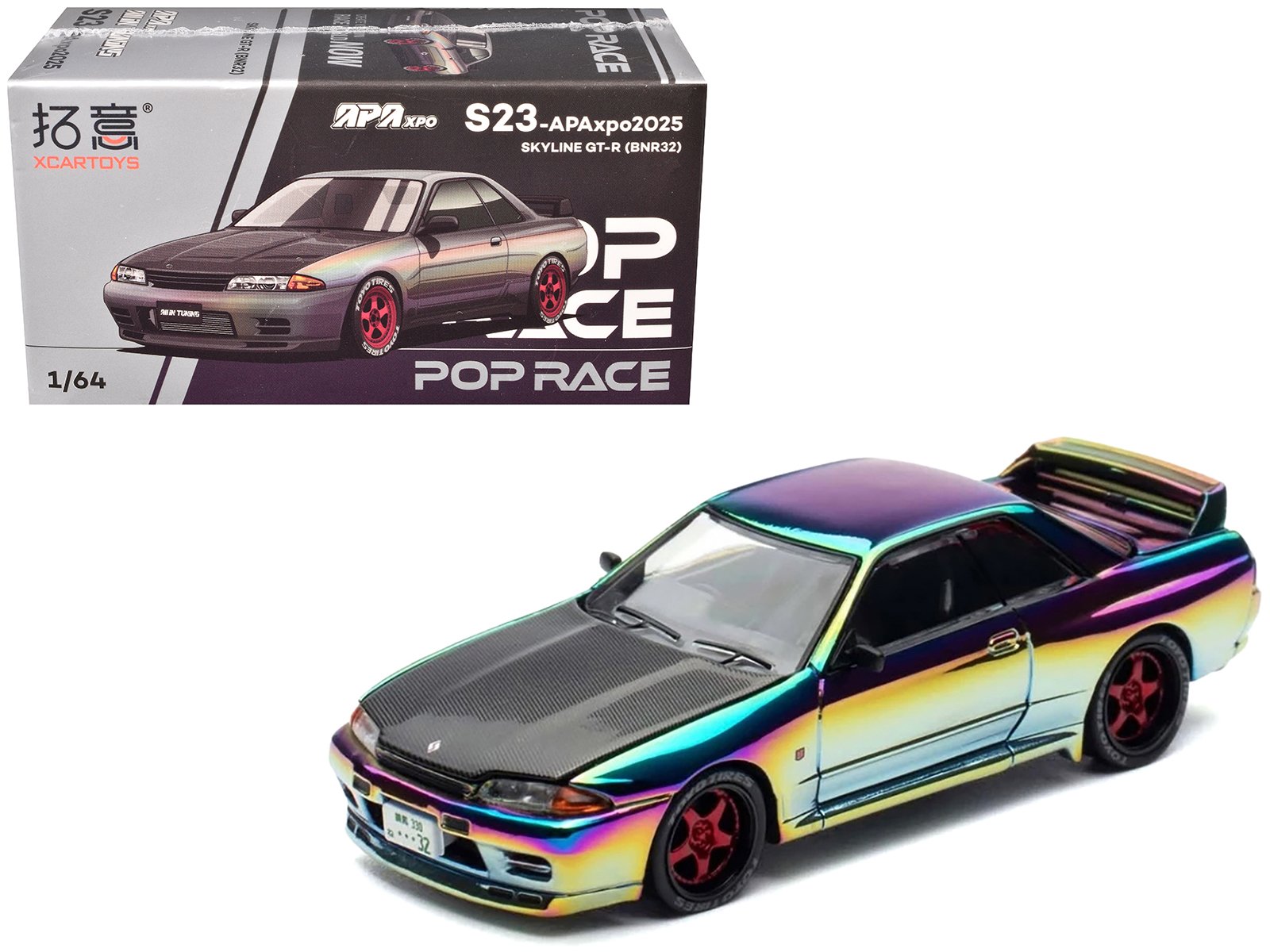 skyline gt r (bnr32) rhd (right hand drive) chameleon chrome with carbon hood "apa xpo 2025 exclusive 1/64 diecast model car by pop race skyline gt r (bnr32) rhd (right hand drive) chameleon chrome with carbon hood "apa xpo 2025 exclusive 1/64 diecast model car by pop race