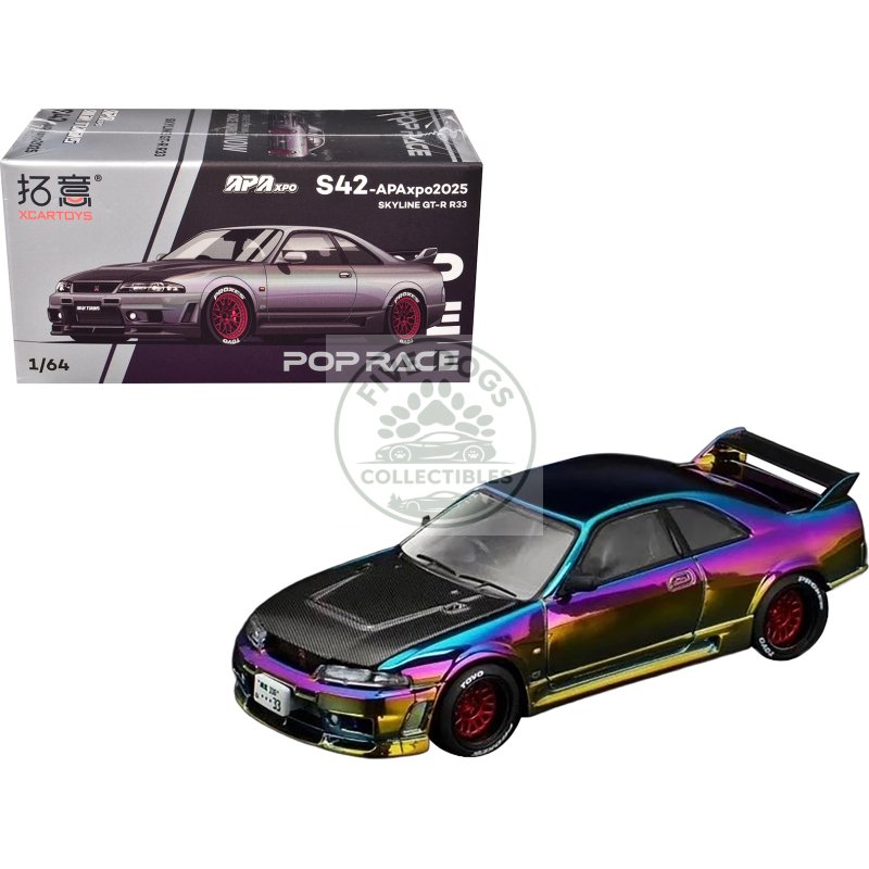 skyline gt r (r33) rhd (right hand drive) chameleon chrome with carbon hood "apa xpo 2025 exclusive" 1/64 diecast model car by pop race