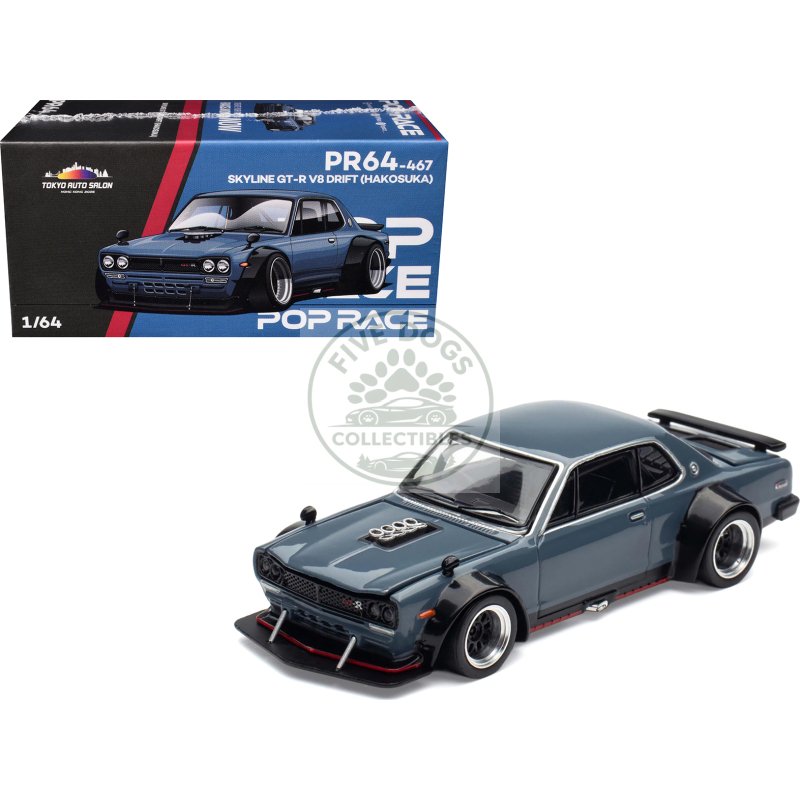 skyline gt r v8 drift "hakosuka" rhd (right hand drive) gray "tokyo auto salon hong kong 2025" special edition 1/64 diecast model car by pop race