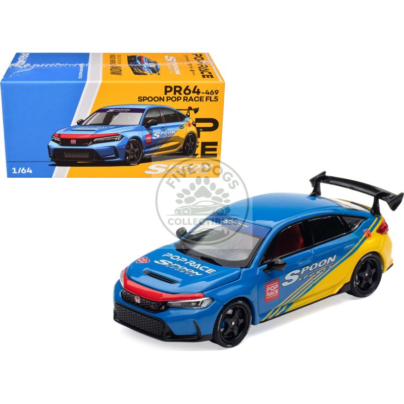 honda civic type r fl5 "spoon sports" blue and yellow "tokyo auto salon hong kong 2025" 1/64 diecast model car by pop race