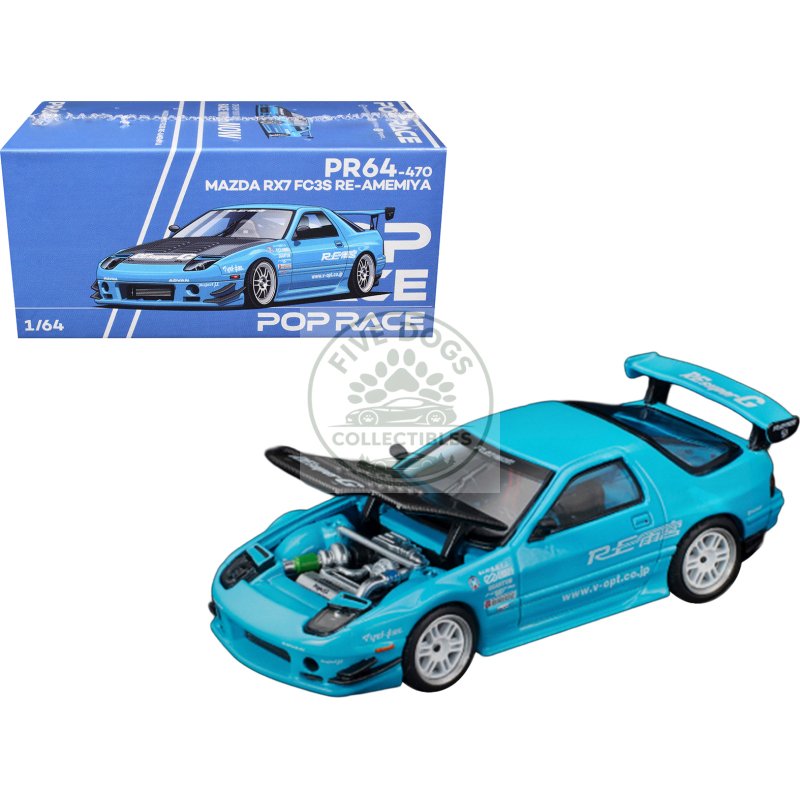 mazda rx7 (fc3s) re amemiya rhd (right hand drive) light blue with carbon hood "tokyo auto salon 2026" 1/64 diecast model car by pop race