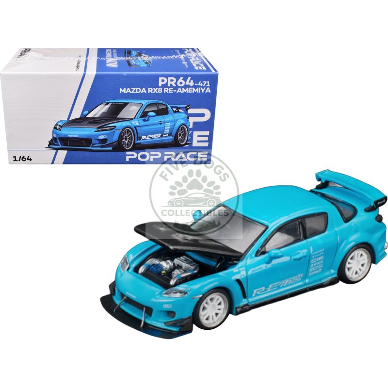 mazda rx8 re amemiya rhd (right hand drive) light blue with carbon hood "tokyo auto salon 2026" 1/64 diecast model car by pop race