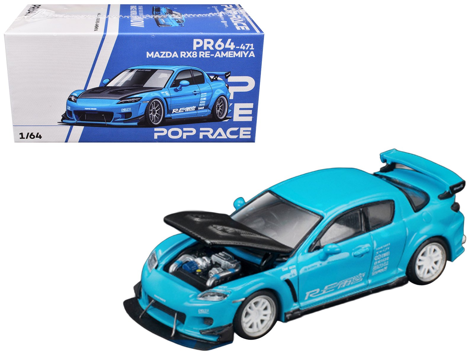 mazda rx8 re amemiya rhd (right hand drive) light blue with carbon hood "tokyo auto salon 2026" 1/64 diecast model car by pop race mazda rx8 re amemiya rhd (right hand drive) light blue with carbon hood "tokyo auto salon 2026" 1/64 diecast model car by pop race