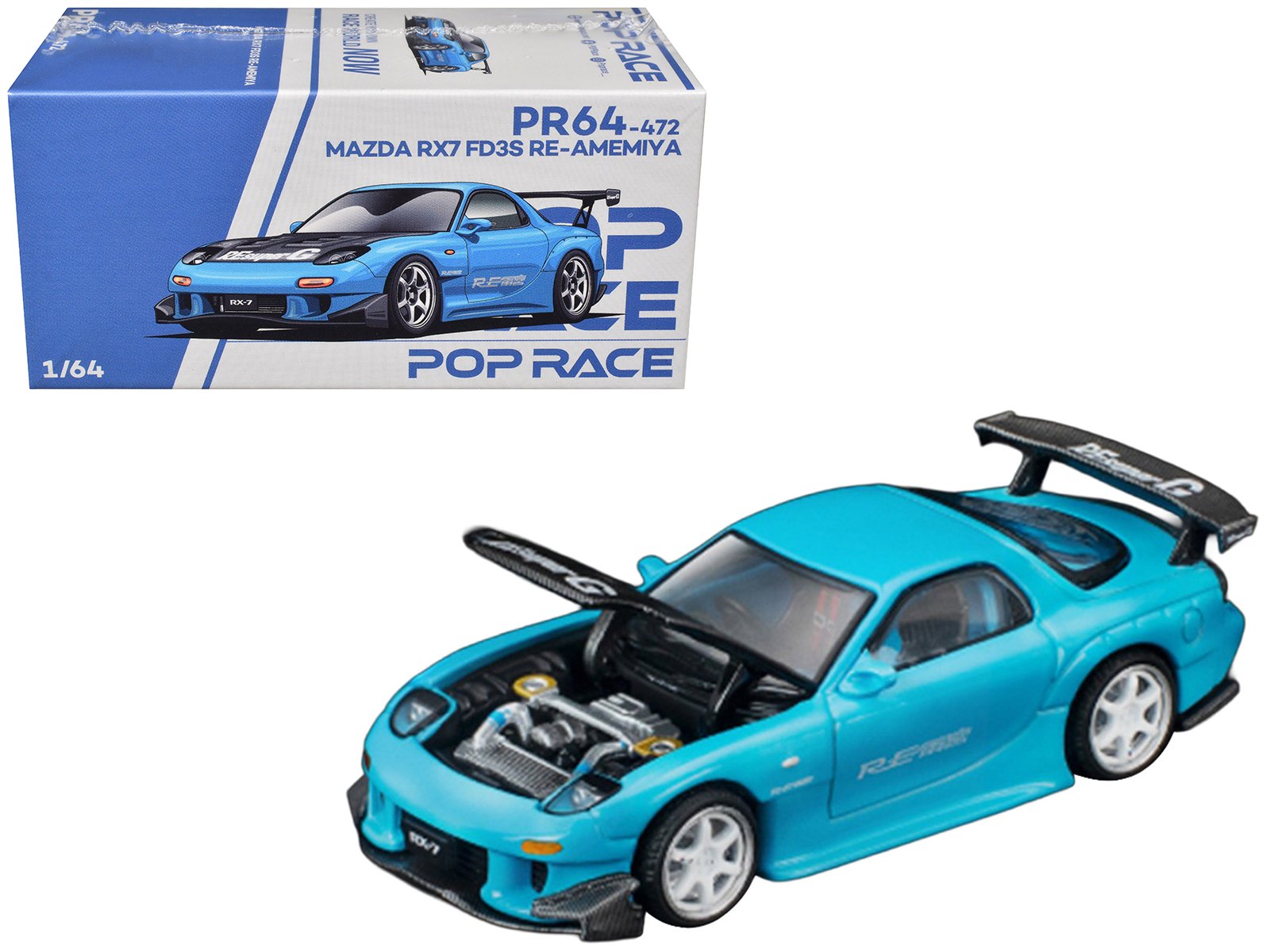 mazda rx7 (fd3s) re amemiya rhd (right hand drive) light blue with carbon hood "tokyo auto salon 2026" 1/64 diecast model car by pop race mazda rx7 (fd3s) re amemiya rhd (right hand drive) light blue with carbon hood "tokyo auto salon 2026" 1/64 diecast model car by pop race