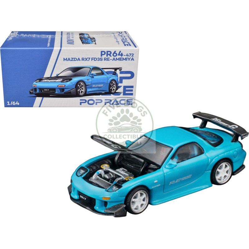 mazda rx7 (fd3s) re amemiya rhd (right hand drive) light blue with carbon hood "tokyo auto salon 2026" 1/64 diecast model car by pop race