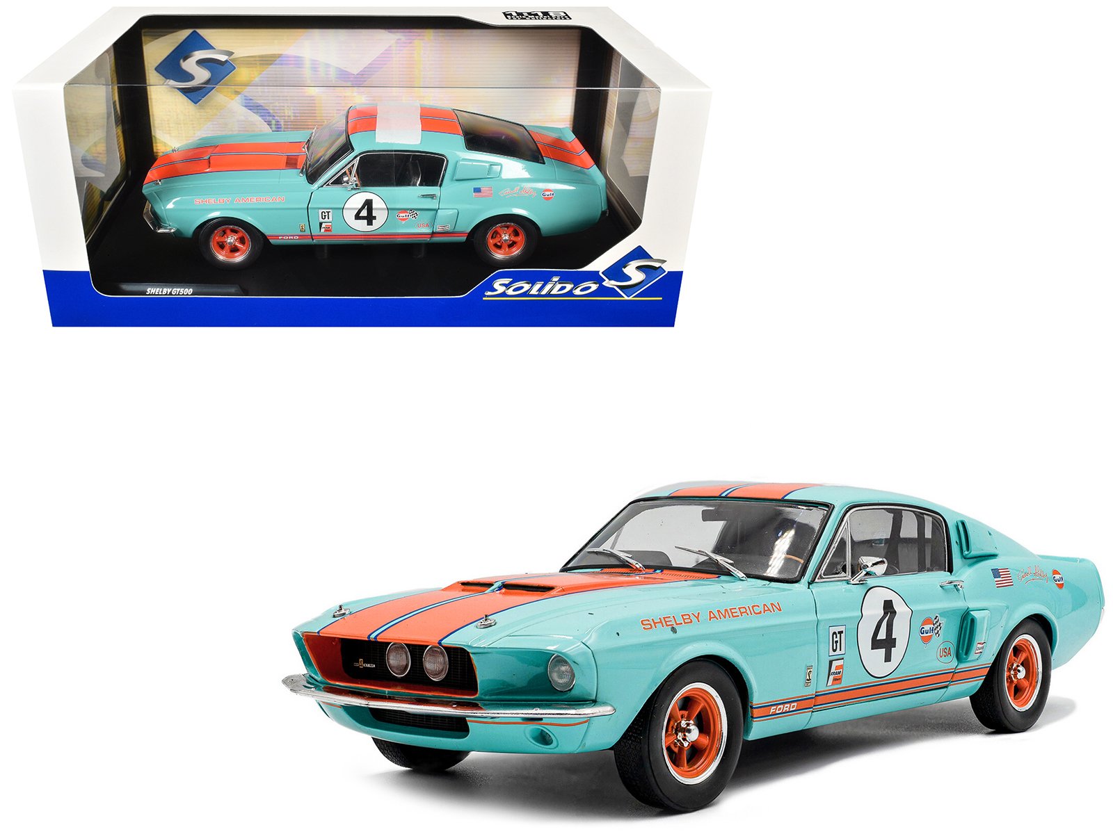 1967 shelby gt500 #4 "gulf racing tribute" light blue with orange stripes 1/18 diecast model car by solido 1967 shelby gt500 #4 "gulf racing tribute" light blue with orange stripes 1/18 diecast model car by solido
